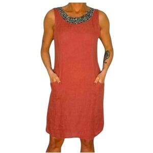 Lina Tomei Medium Linen Pull Over Dress Beaded Neck Rusty Orange Pockets Italy